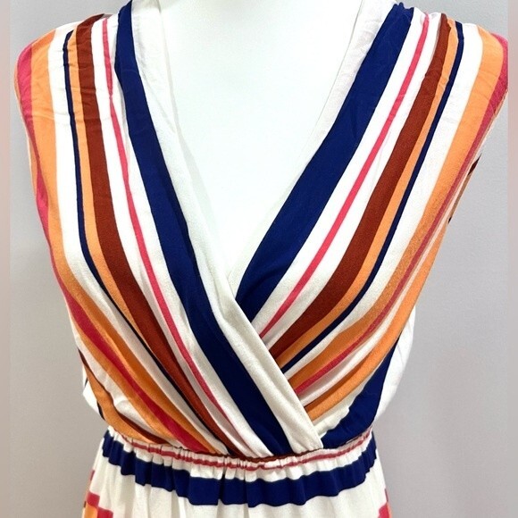 Orange and navy striped faux wrap top dress size small - Picture 2 of 5